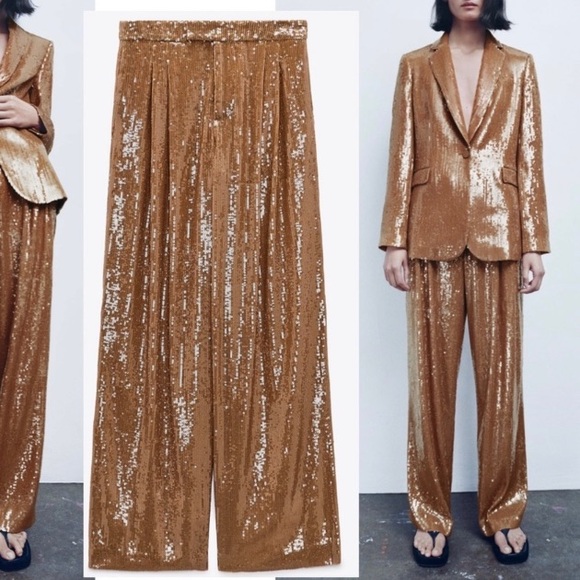 ZARA Copper Brown Sequin Pleated Wide Leg Pants - Picture 4 of 15